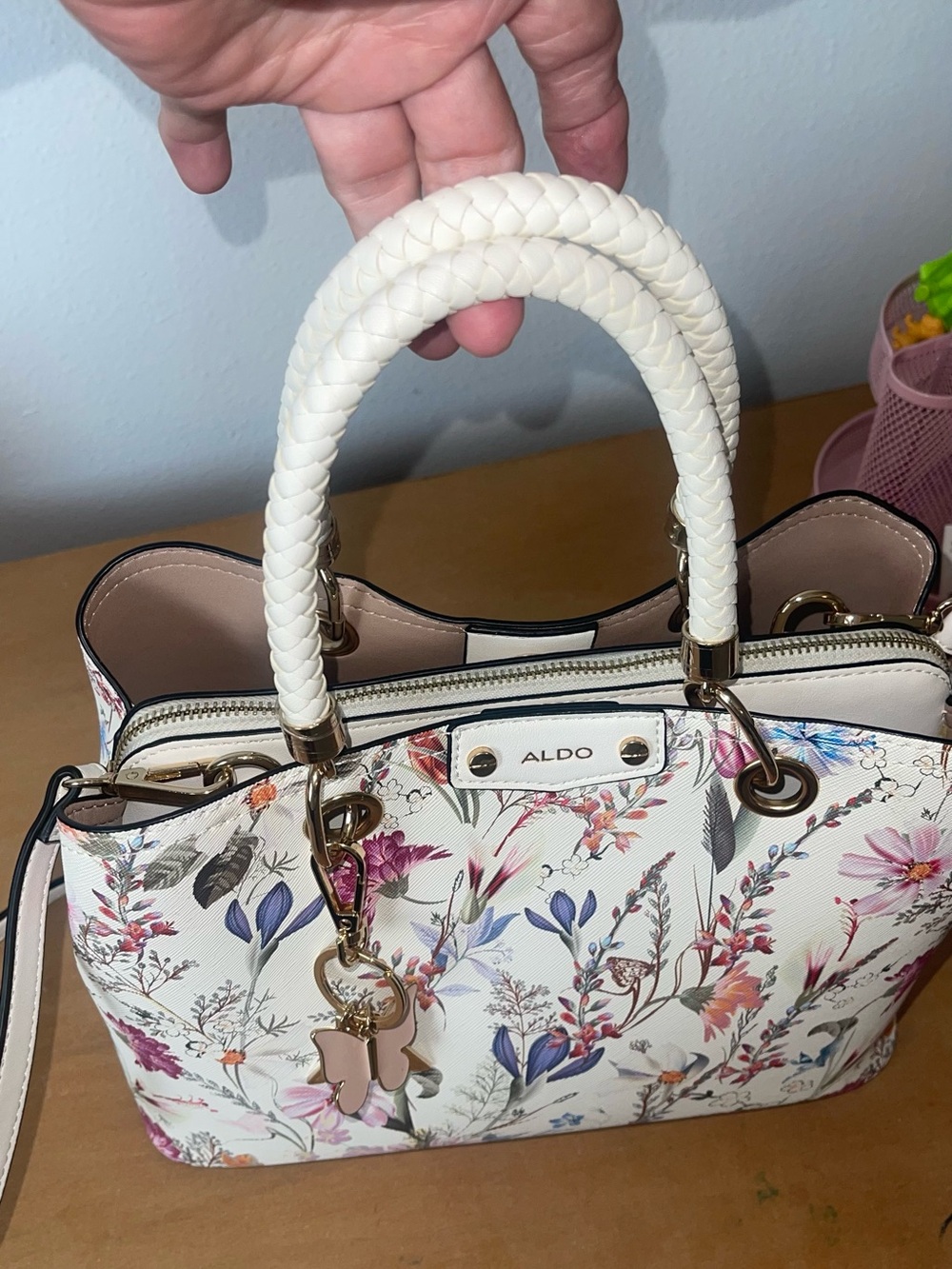 Aldo- White Floral Tote Handbag with Gold Hardware